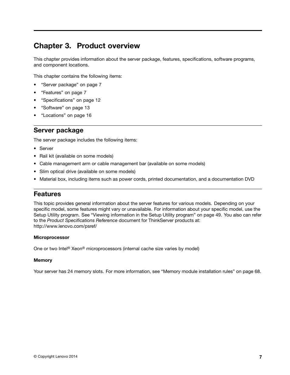 Chapter 3. product overview, Server package, Features | Lenovo ThinkServer RD550 User Manual | Page 21 / 184