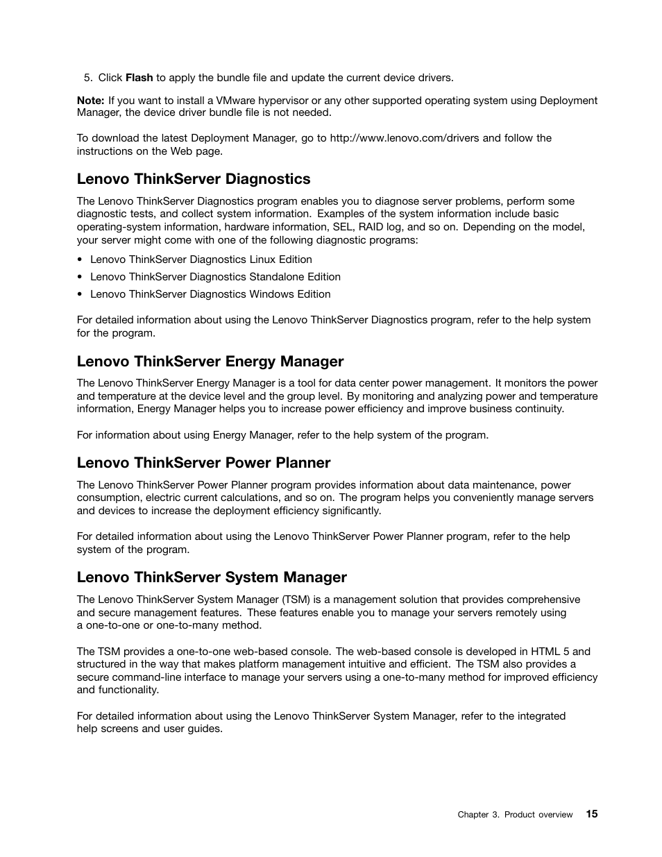 Lenovo thinkserver diagnostics, Lenovo thinkserver energy manager, Lenovo thinkserver power planner | Lenovo thinkserver system manager | Lenovo ThinkServer RD550 User Manual | Page 29 / 184