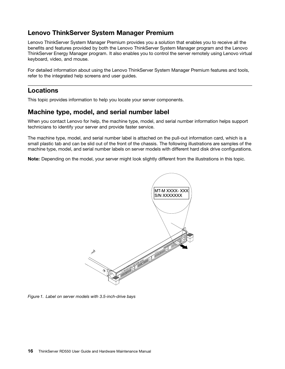 Lenovo thinkserver system manager premium, Locations, Machine type, model, and serial number label | Lenovo ThinkServer RD550 User Manual | Page 30 / 184