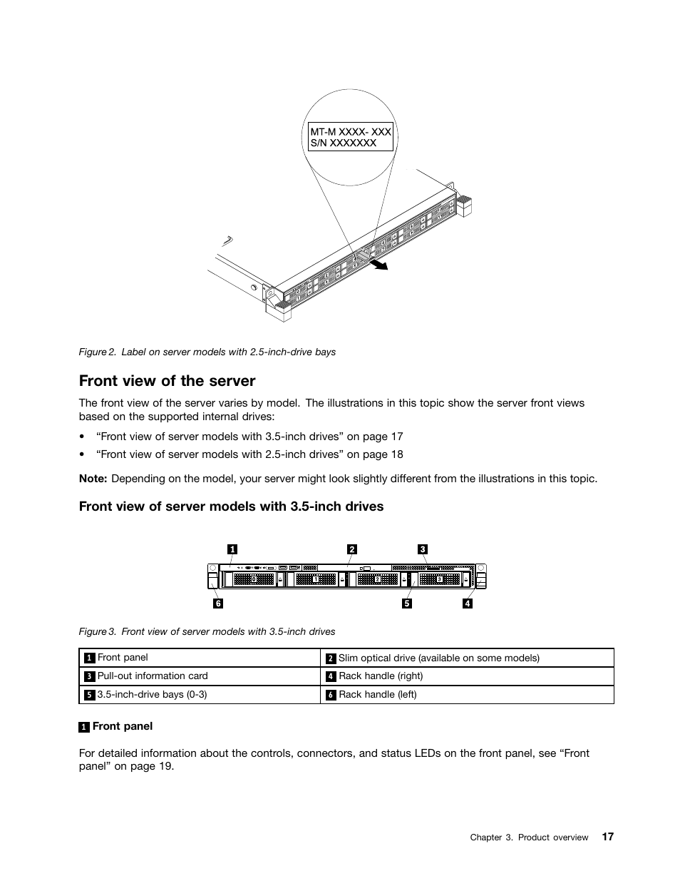 Front view of the server, Front view of server models with 3.5-inch drives | Lenovo ThinkServer RD550 User Manual | Page 31 / 184