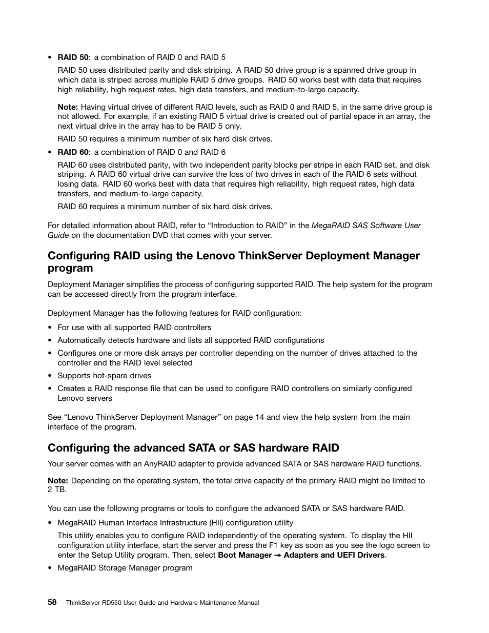 Configuring the advanced sata or sas hardware raid | Lenovo ThinkServer RD550 User Manual | Page 72 / 184