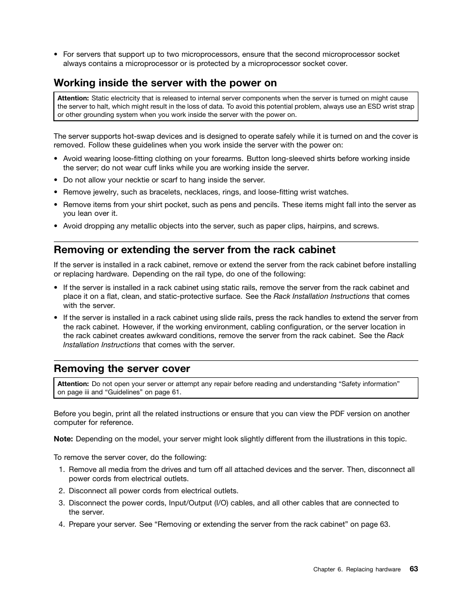 Working inside the server with the power on, Removing the server cover | Lenovo ThinkServer RD550 User Manual | Page 77 / 184