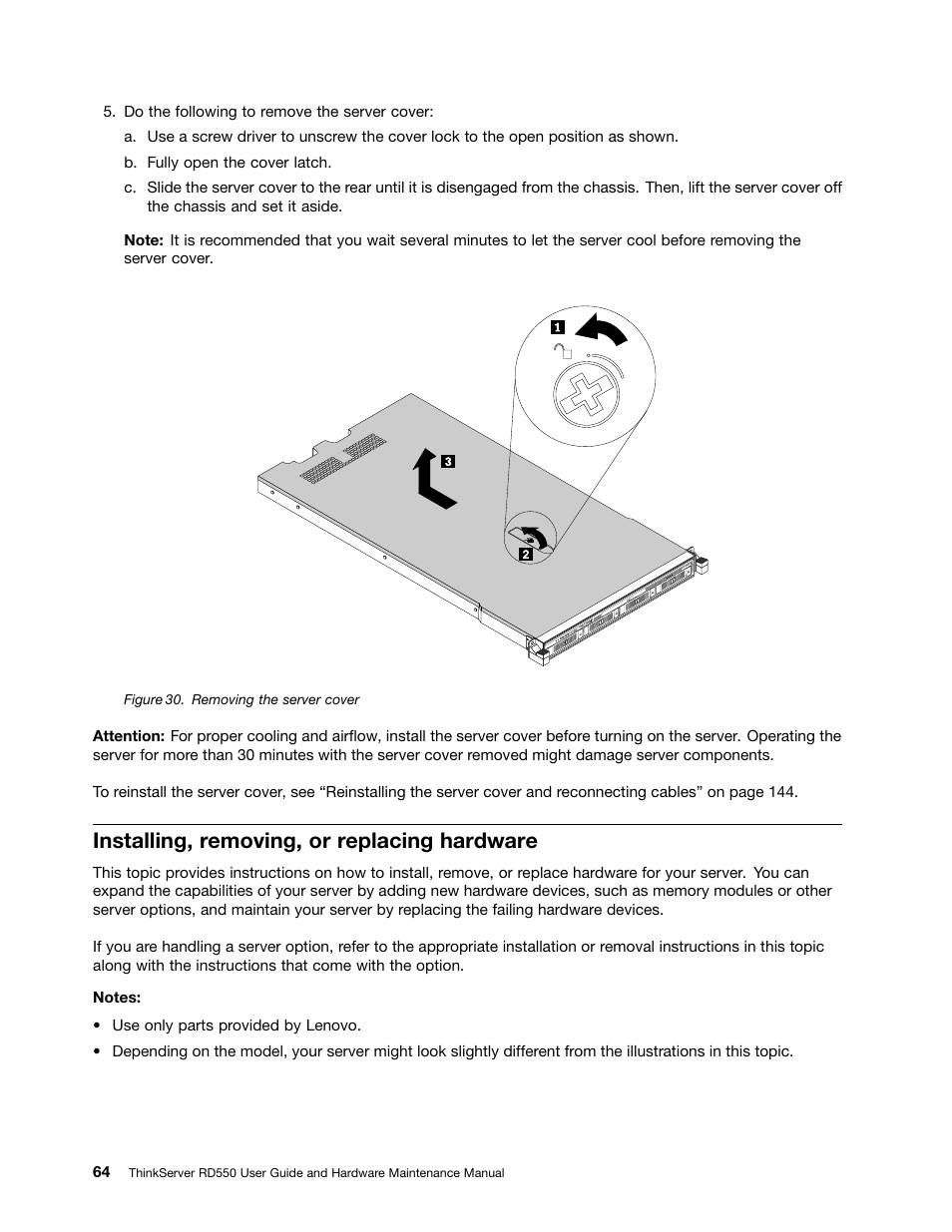 Installing, removing, or replacing hardware | Lenovo ThinkServer RD550 User Manual | Page 78 / 184