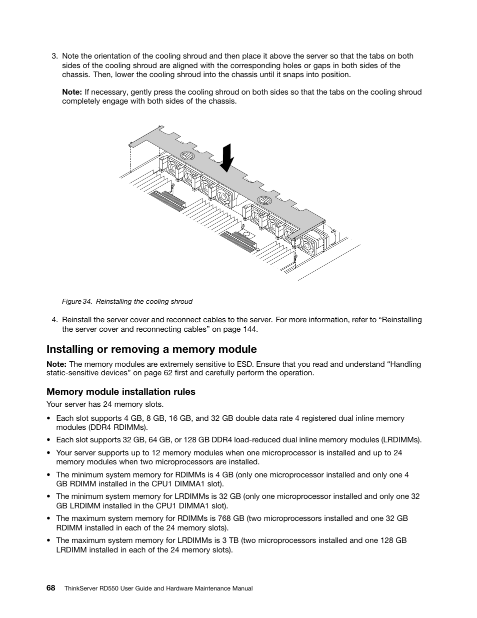 Installing or removing a memory module | Lenovo ThinkServer RD550 User Manual | Page 82 / 184