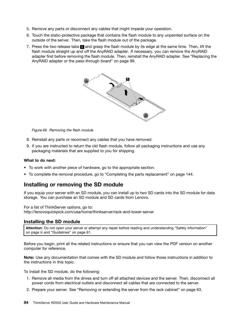 Installing or removing the sd module | Lenovo ThinkServer RD550 User Manual | Page 98 / 184
