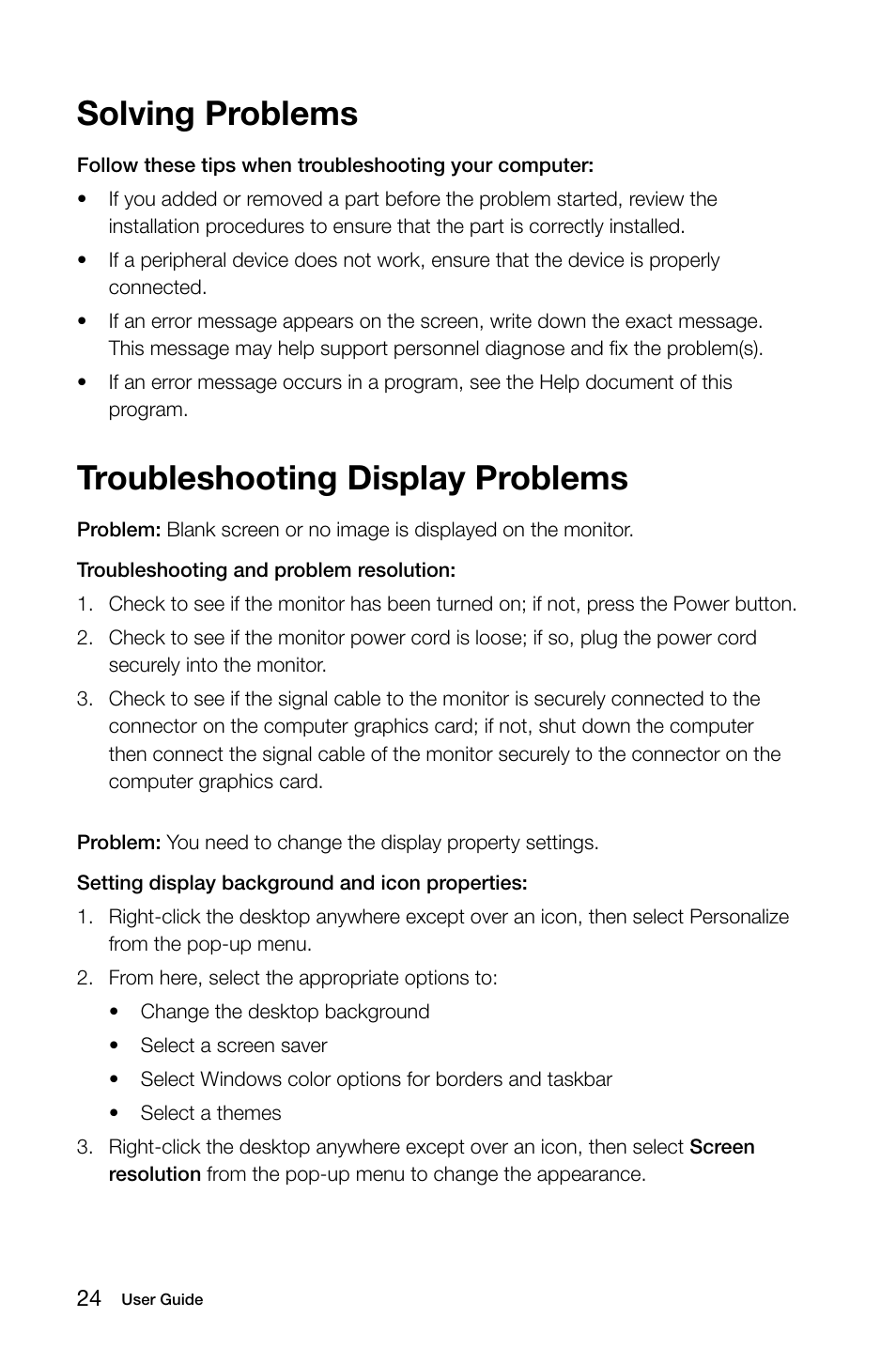 Troubleshooting display problems, Solving problems | Lenovo H30-00 Desktop User Manual | Page 29 / 61