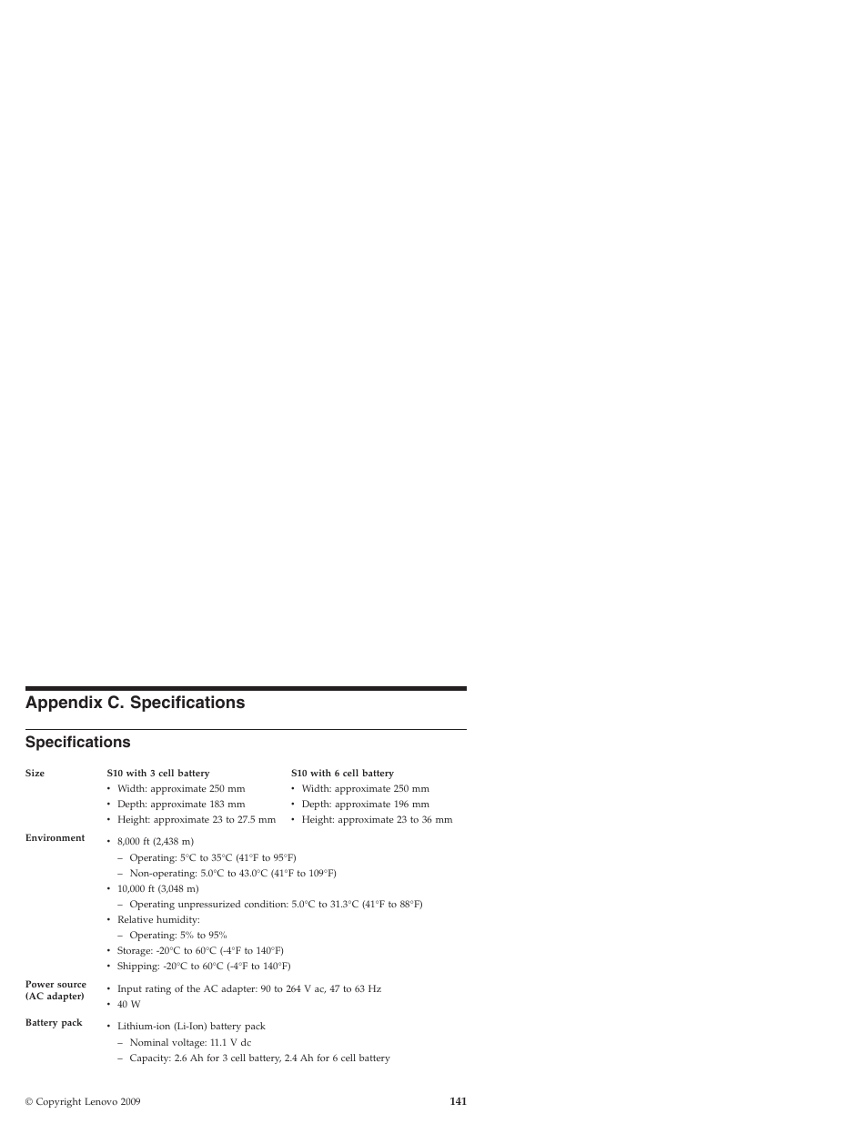 Appendix c. specifications, Specifications, Appendix | Lenovo IdeaPad S10 User Manual | Page 149 / 180