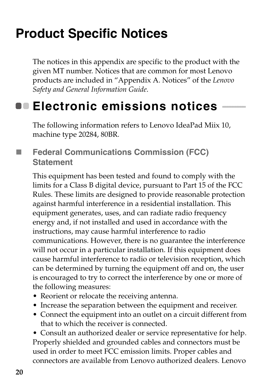 Product specific notices, Electronic emissions notices | Lenovo Miix 10 Tablet IdeaPad User Manual | Page 20 / 26