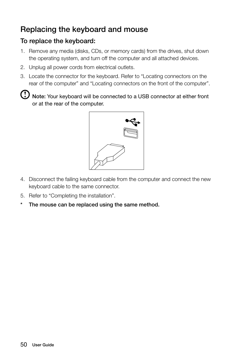 Replacing the keyboard and mouse | Lenovo H50-50 Desktop User Manual | Page 55 / 63