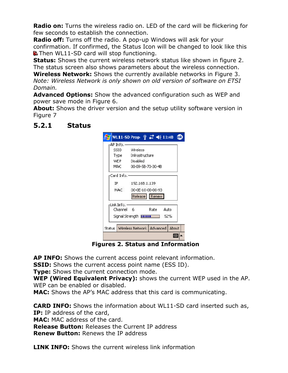 Status, 1 status | AmbiCom Wireless LAN SD Card WL11-SD User Manual | Page 10 / 28