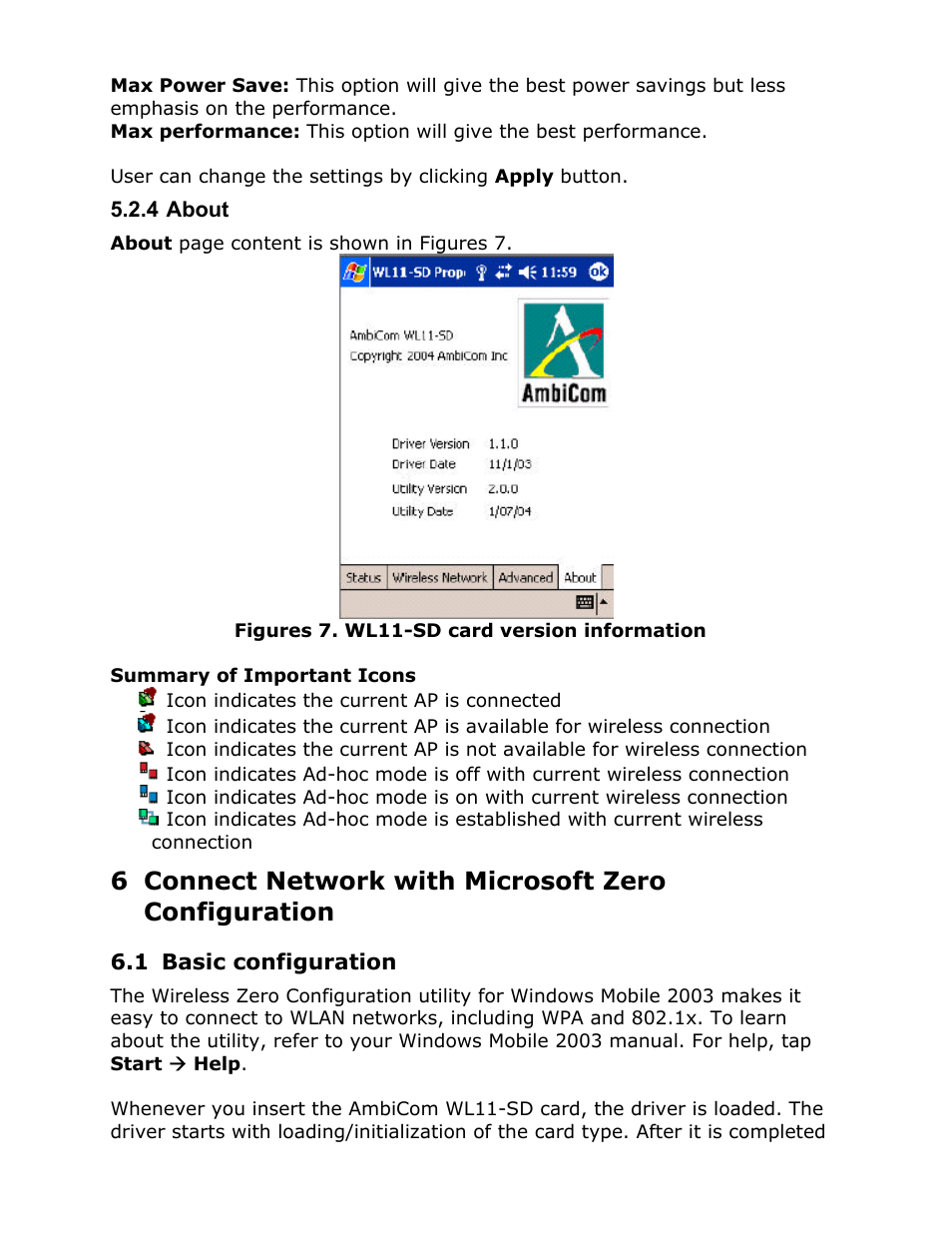 About, Connect network with microsoft zero configuration, Basic configuration | 4 about, Configuration | AmbiCom Wireless LAN SD Card WL11-SD User Manual | Page 14 / 28