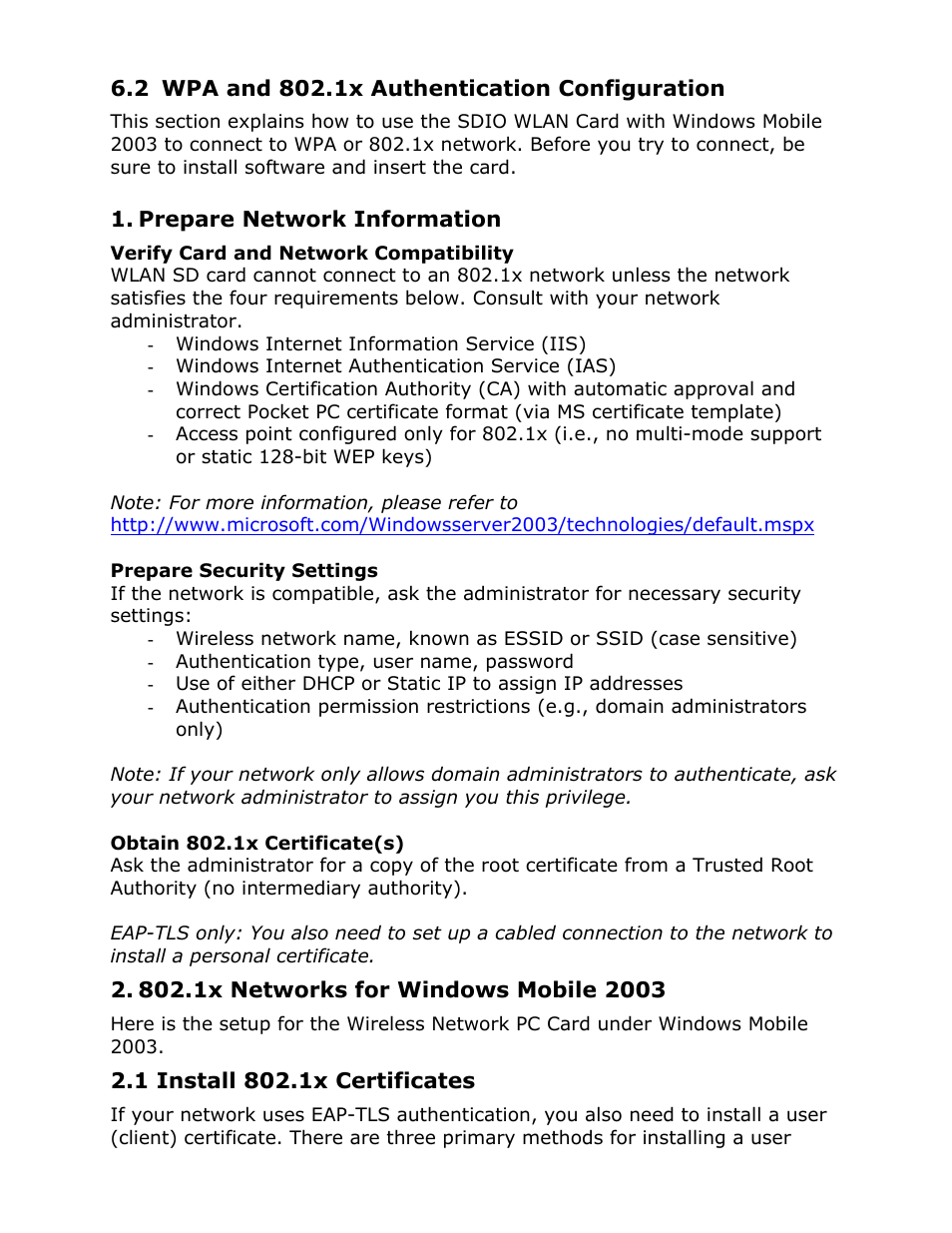 Wpa and 802.1x authentication configuration, 2 wpa and 802.1x authentication configuration | AmbiCom Wireless LAN SD Card WL11-SD User Manual | Page 18 / 28