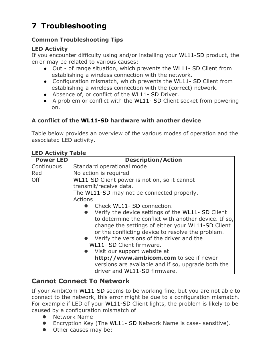 Troubleshooting, 7 troubleshooting | AmbiCom Wireless LAN SD Card WL11-SD User Manual | Page 27 / 28