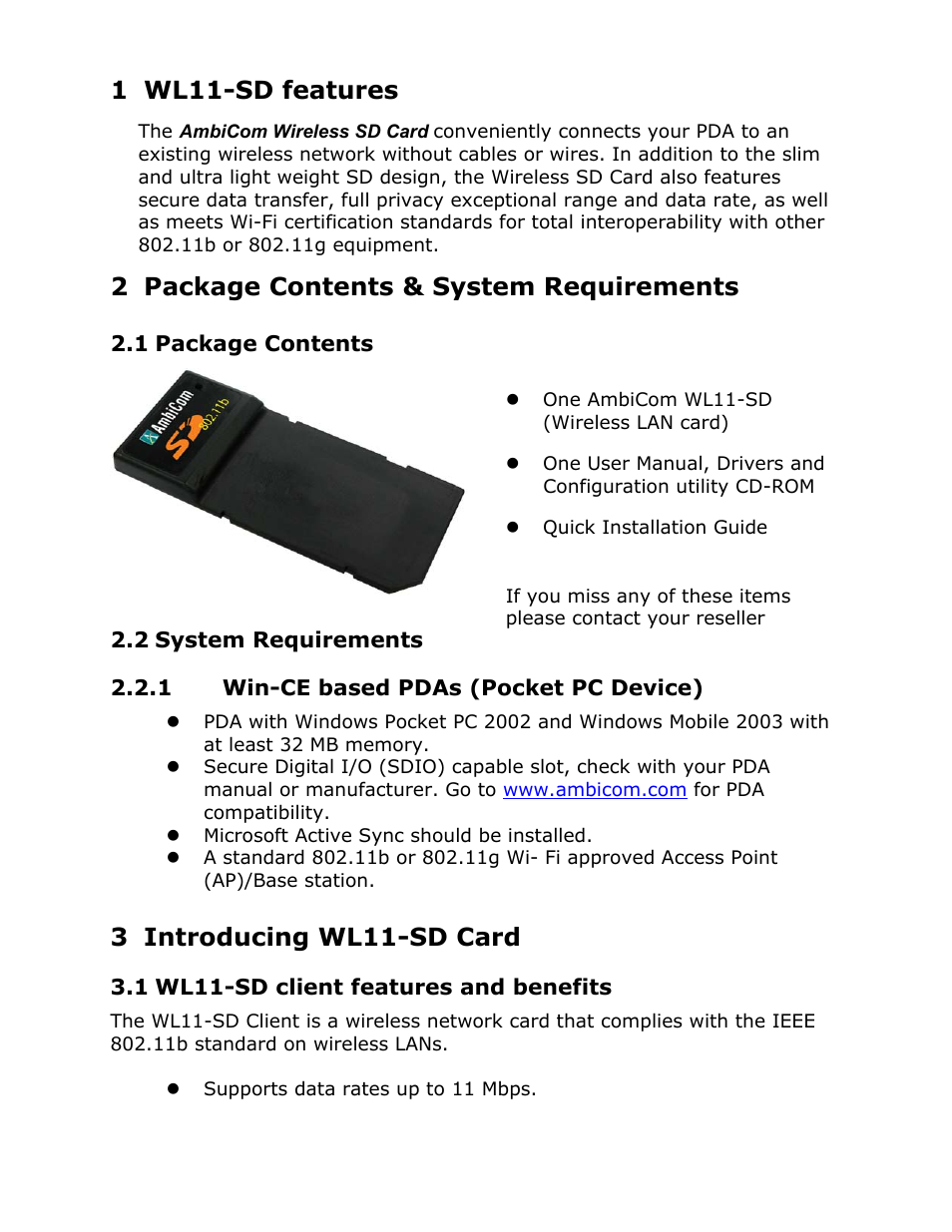 AmbiCom Wireless LAN SD Card WL11-SD User Manual | Page 3 / 28