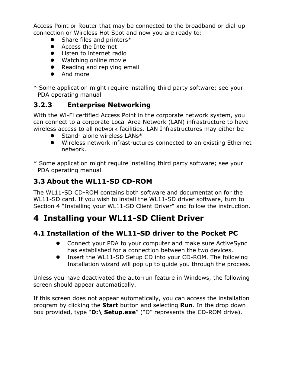 Enterprise networking, About the wl11-sd cd-rom, Installing your wl11-sd client driver | 3 enterprise networking, 4 installing your wl11-sd client driver | AmbiCom Wireless LAN SD Card WL11-SD User Manual | Page 5 / 28