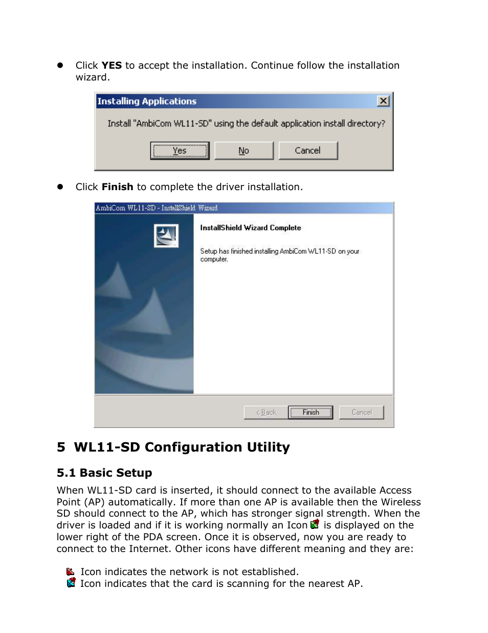 Wl11-sd configuration utility, Basic setup, 5 wl11-sd configuration utility 5.1 basic | Setup, 5 wl11-sd configuration utility | AmbiCom Wireless LAN SD Card WL11-SD User Manual | Page 8 / 28