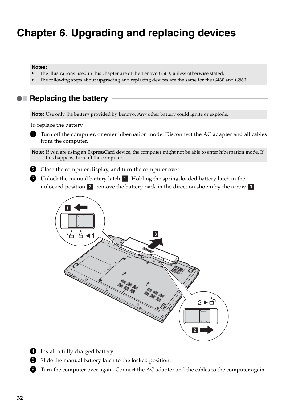 Chapter 6. upgrading and replacing devices, Replacing the battery | Lenovo G460 Notebook User Manual | Page 40 / 130