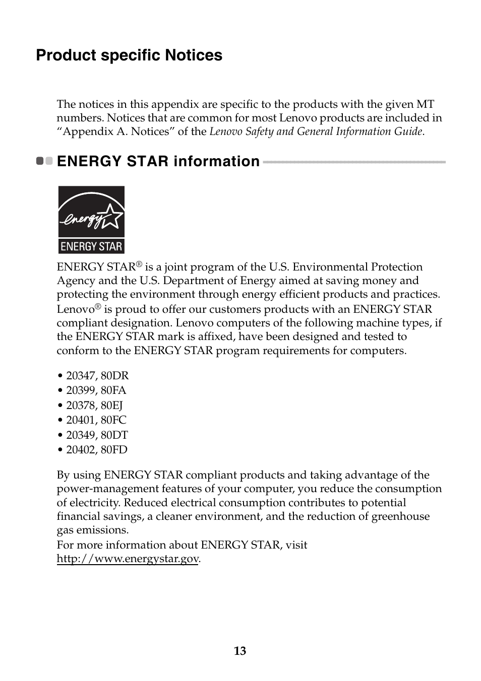 Product specific notices, Energy star information | Lenovo Y40-70 User Manual | Page 13 / 21