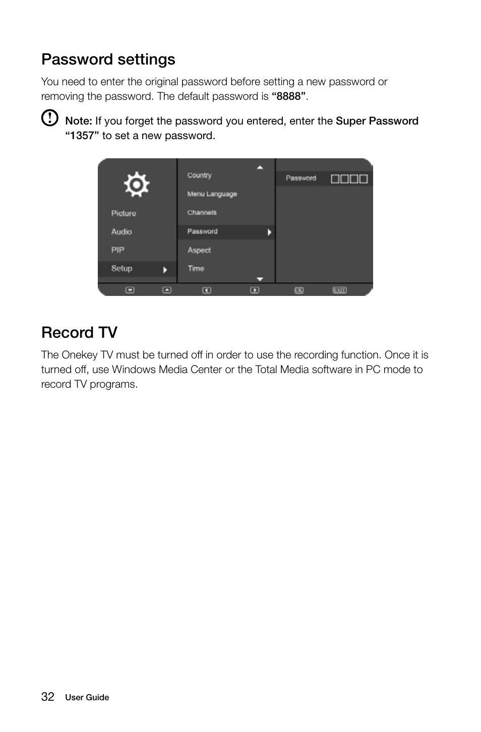 Password settings, Record tv | Lenovo IdeaCentre B545 User Manual | Page 37 / 71