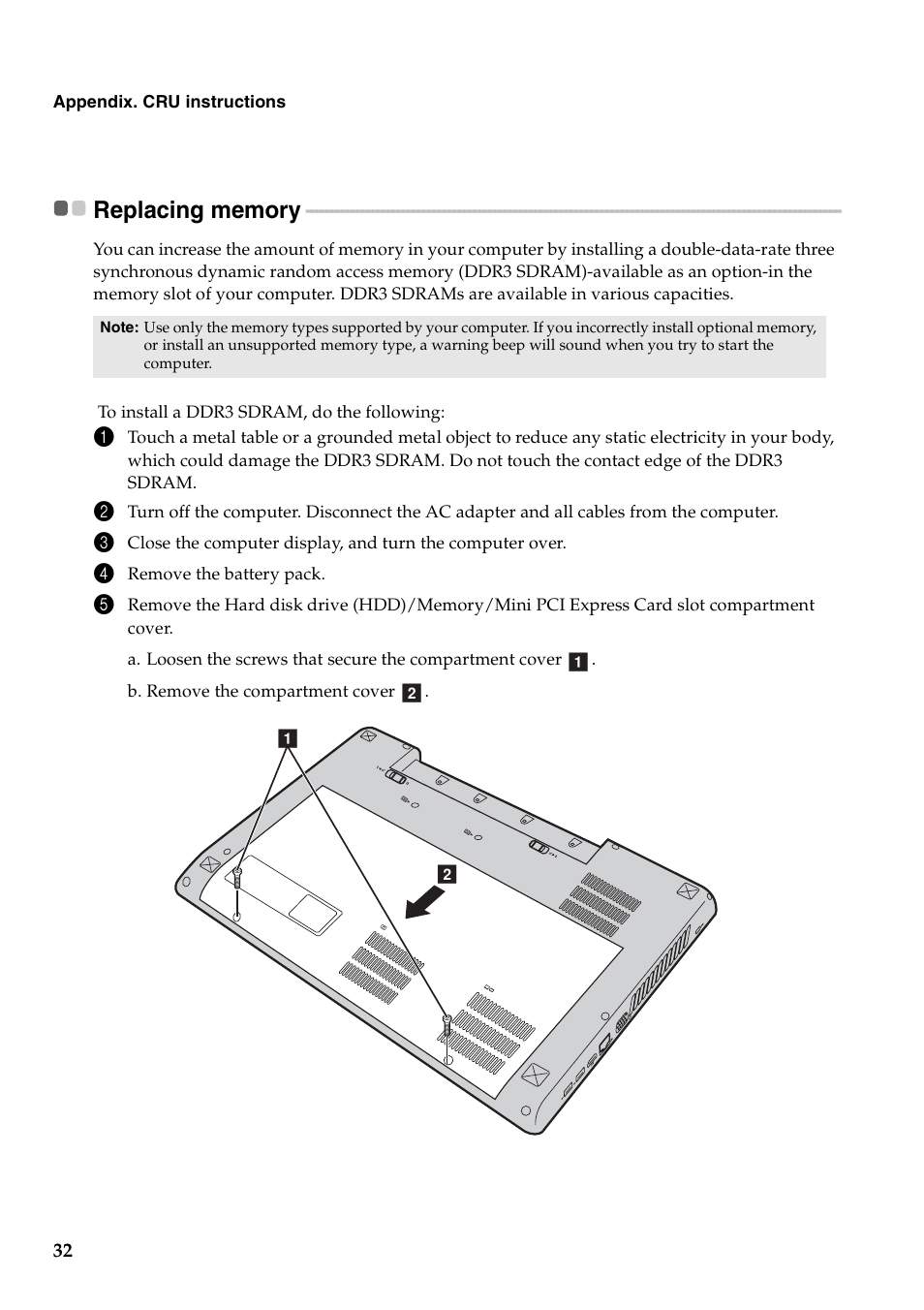 Replacing memory | Lenovo IdeaPad Y480 User Manual | Page 36 / 42