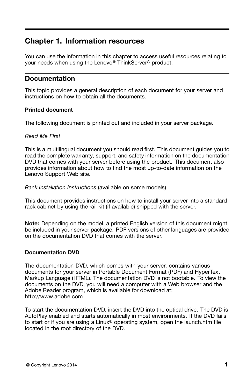 Chapter 1. information resources, Documentation | Lenovo ThinkServer RD550 User Manual | Page 17 / 50