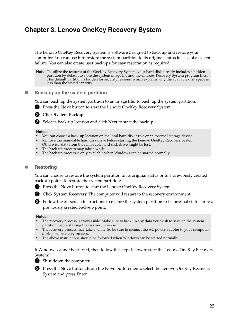 Chapter 3. lenovo onekey recovery system | Lenovo Yoga 11s Notebook IdeaPad User Manual | Page 29 / 37