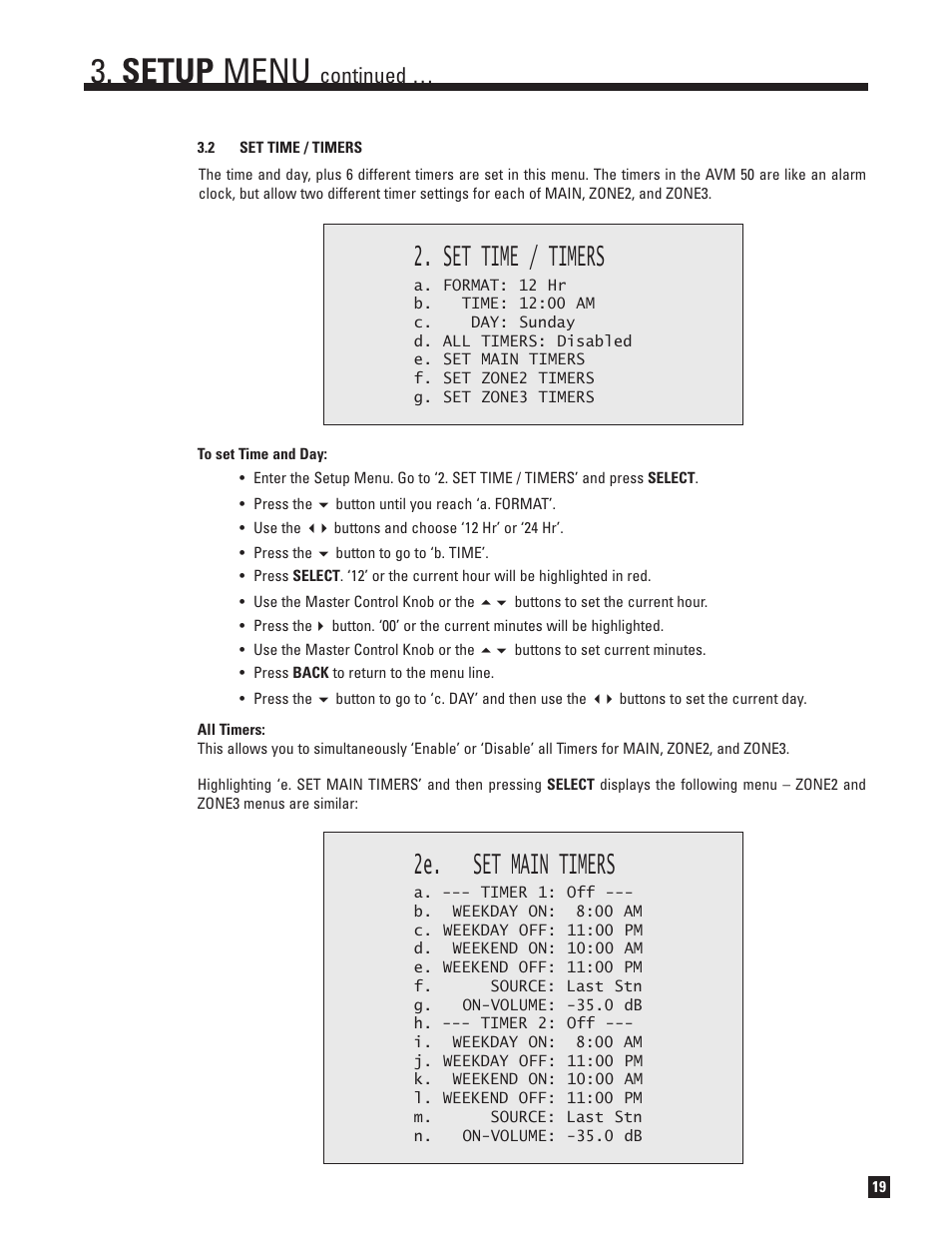 Set time and timers, Setup menu, Set time / timers | 2e. set main timers, Continued | Anthem Audio AVM 50 User Manual | Page 27 / 96