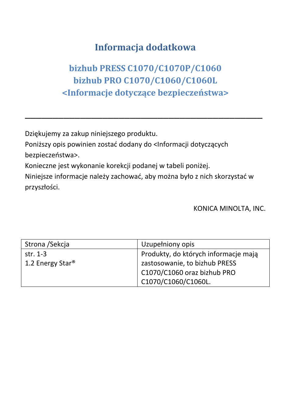 Informacja dodatkowa | Konica Minolta bizhub PRESS C1070P User Manual | Page 16 / 20