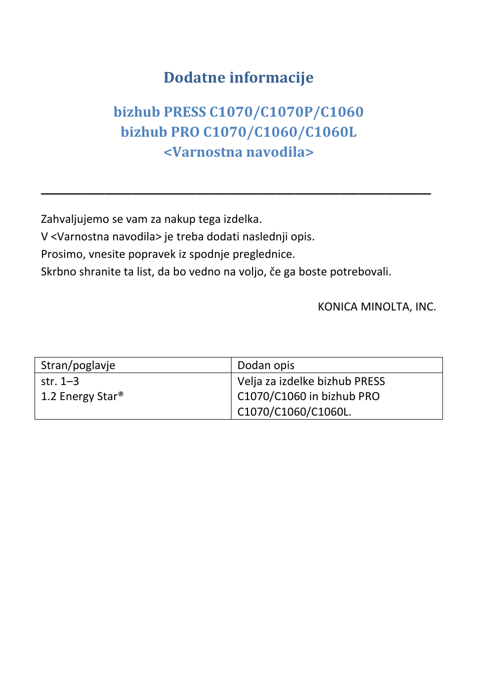 Dodatne informacije | Konica Minolta bizhub PRESS C1070P User Manual | Page 20 / 20