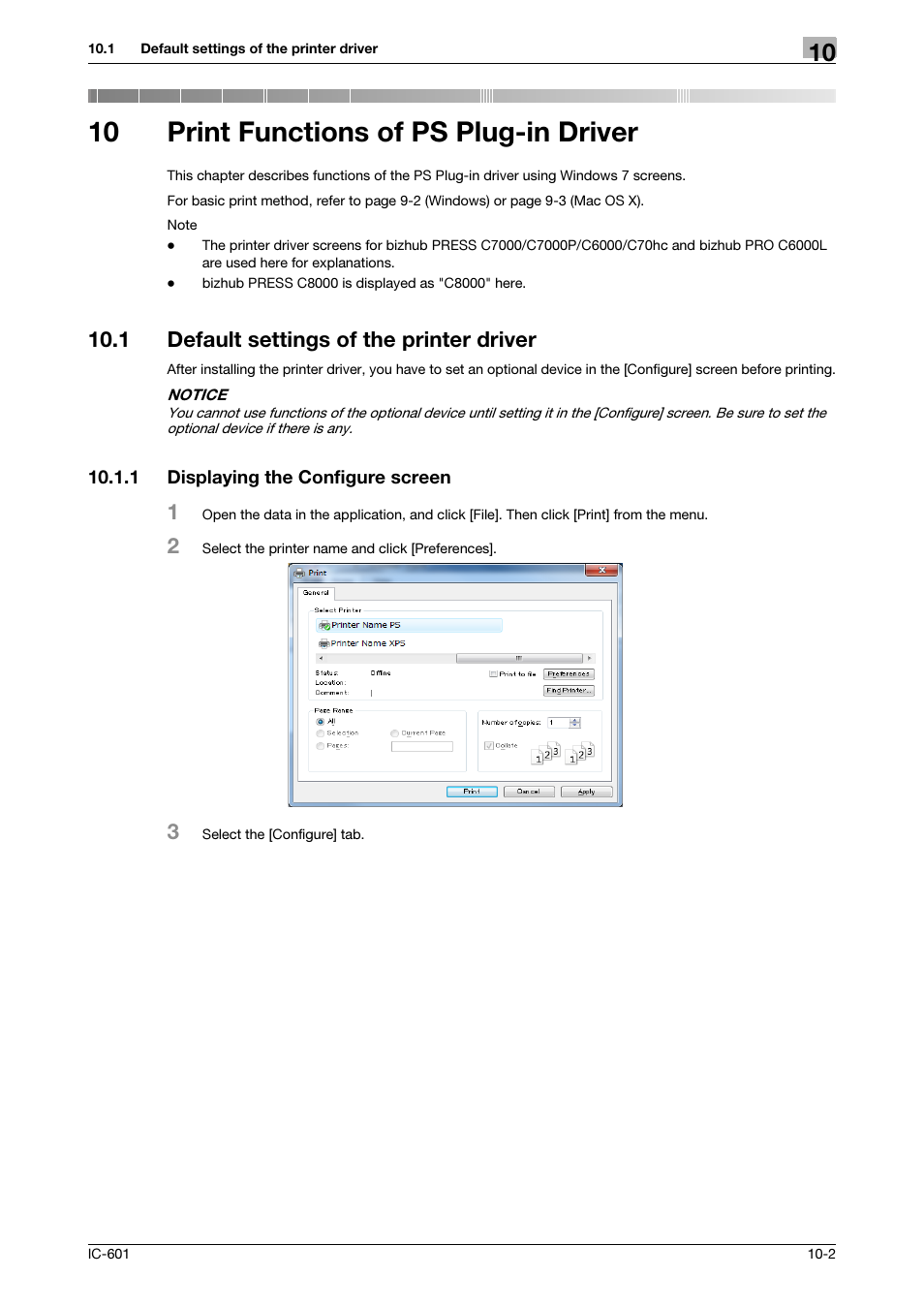 10 print functions of ps plug-in driver, 1 default settings of the printer driver, 1 displaying the configure screen | Print functions of ps plug-in driver, Default settings of the printer driver -2, Displaying the configure screen -2 | Konica Minolta bizhub PRESS C8000e User Manual | Page 109 / 255