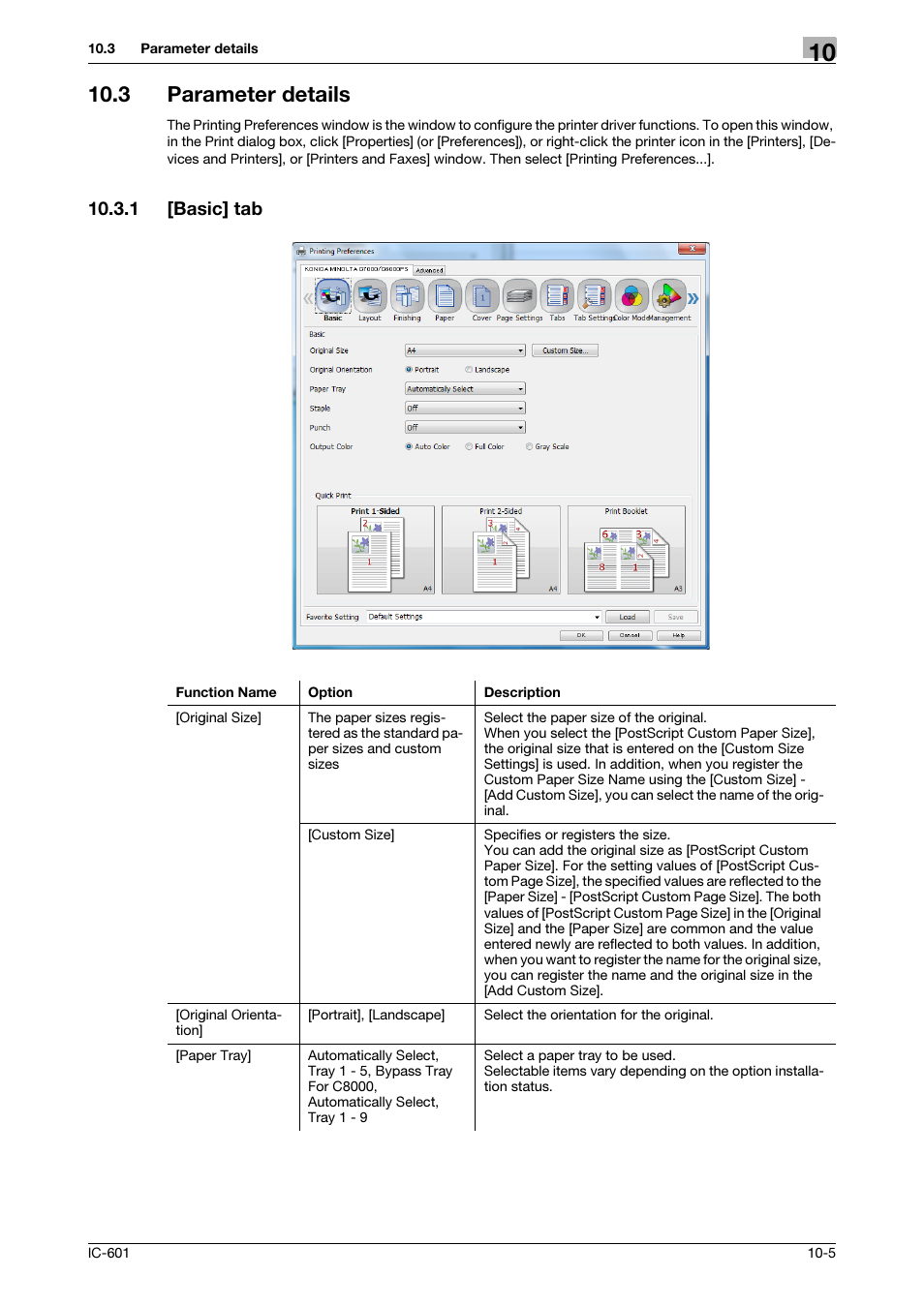 3 parameter details, 1 [basic] tab, Parameter details -5 | Basic] tab -5, P. 10-5 | Konica Minolta bizhub PRESS C8000e User Manual | Page 112 / 255