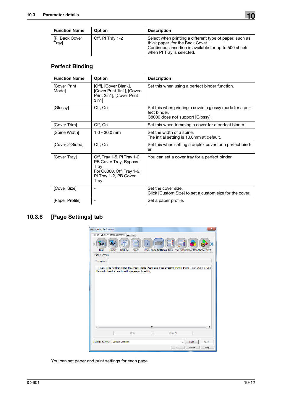 Perfect binding, P. 10-12, Perfect binding 10.3.6 [page settings] tab | Konica Minolta bizhub PRESS C8000e User Manual | Page 119 / 255