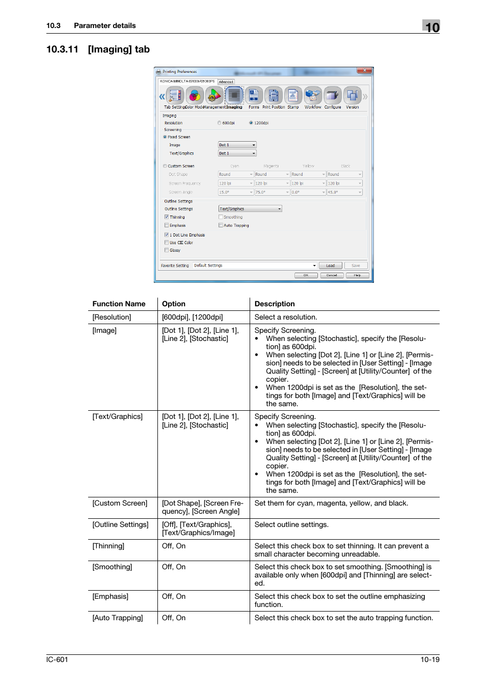 11 [imaging] tab, Imaging] tab -19, P. 10-19 | Konica Minolta bizhub PRESS C8000e User Manual | Page 126 / 255