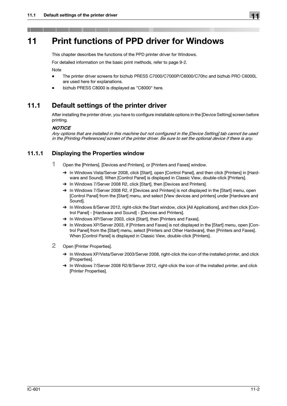 11 print functions of ppd driver for windows, 1 default settings of the printer driver, 1 displaying the properties window | Print functions of ppd driver for windows, Default settings of the printer driver -2, Displaying the properties window -2 | Konica Minolta bizhub PRESS C8000e User Manual | Page 135 / 255