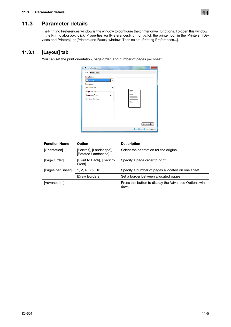 3 parameter details, 1 [layout] tab, Parameter details -5 | Layout] tab -5, P. 11-5 | Konica Minolta bizhub PRESS C8000e User Manual | Page 138 / 255