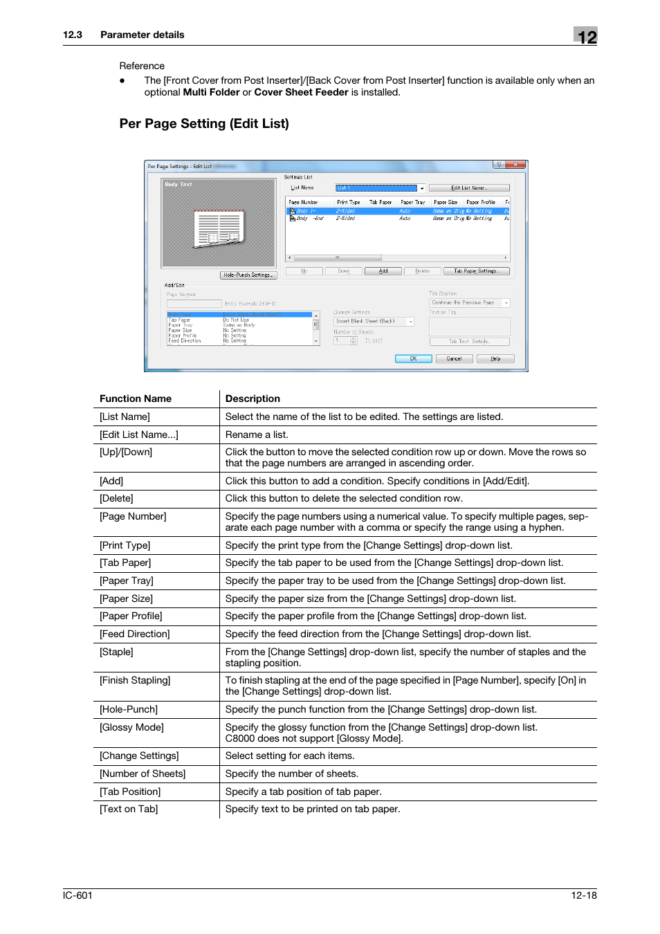P. 12-18, Per page setting (edit list) | Konica Minolta bizhub PRESS C8000e User Manual | Page 162 / 255
