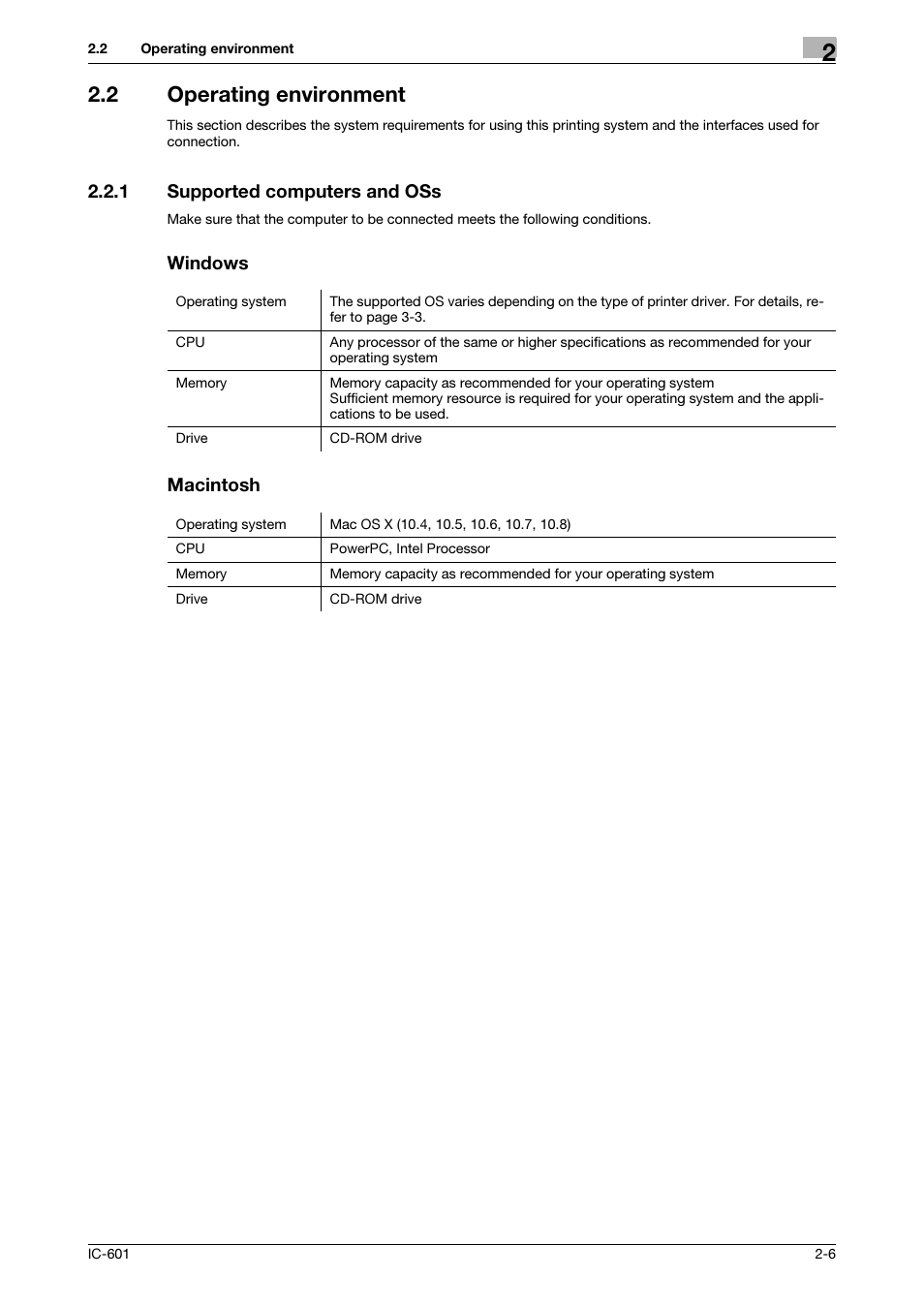 2 operating environment, 1 supported computers and oss, Windows | Macintosh, Operating environment -6, Supported computers and oss -6 | Konica Minolta bizhub PRESS C8000e User Manual | Page 20 / 255