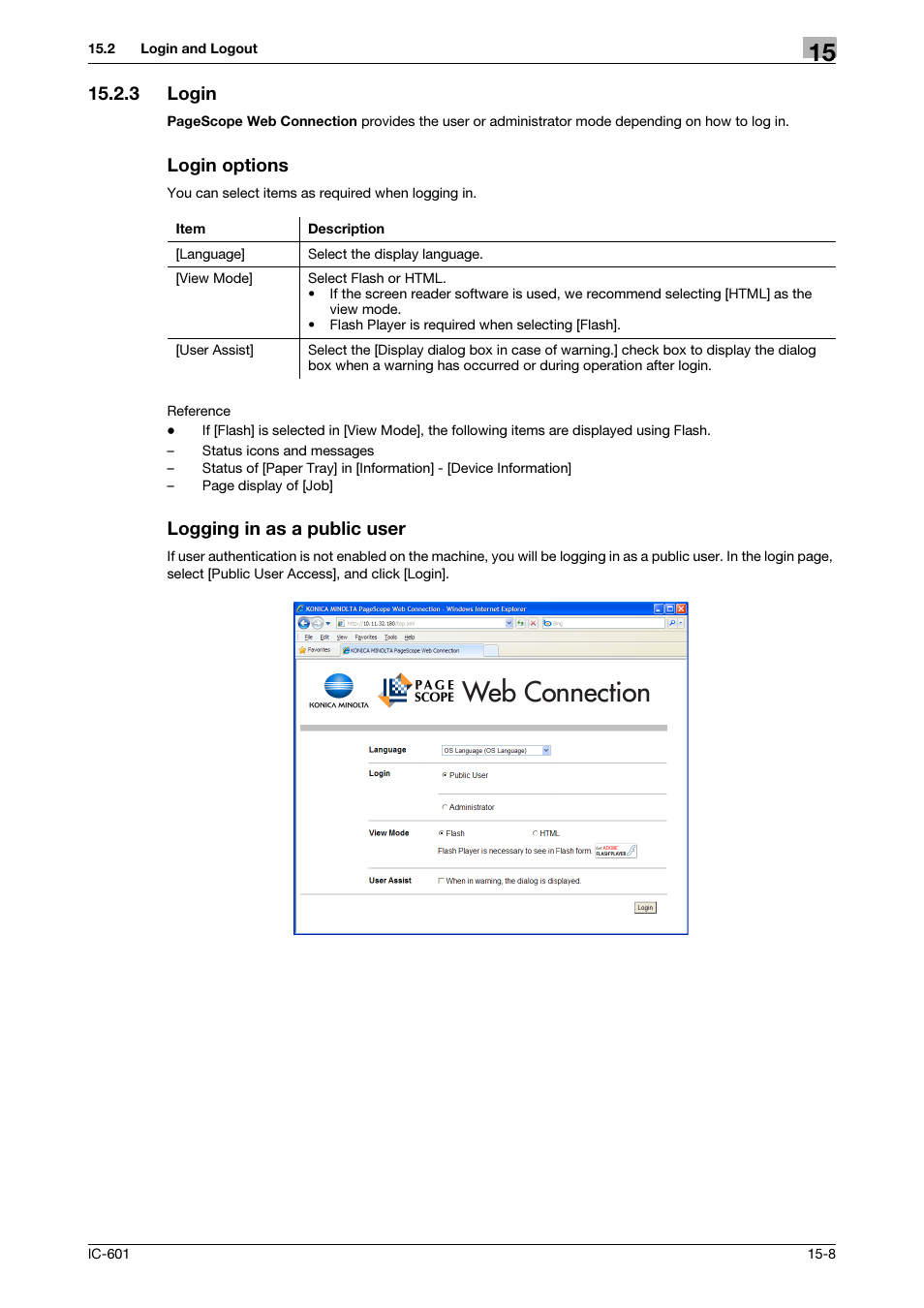 3 login, Login options, Logging in as a public user | Login -8 | Konica Minolta bizhub PRESS C8000e User Manual | Page 214 / 255