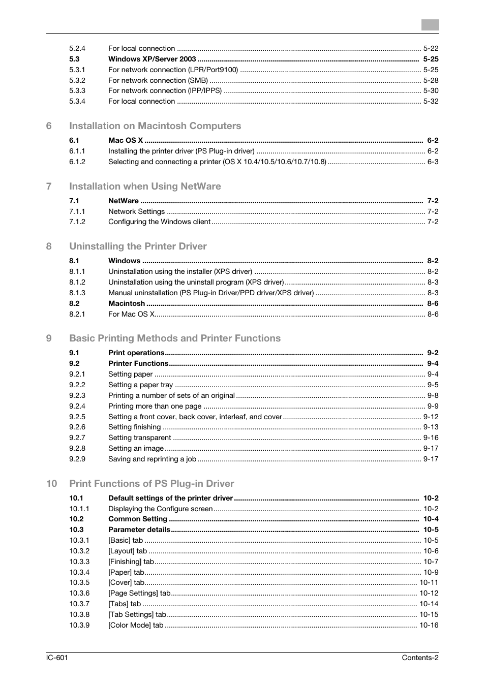 6installation on macintosh computers, 7installation when using netware, 8uninstalling the printer driver | 9basic printing methods and printer functions, 10 print functions of ps plug-in driver | Konica Minolta bizhub PRESS C8000e User Manual | Page 3 / 255