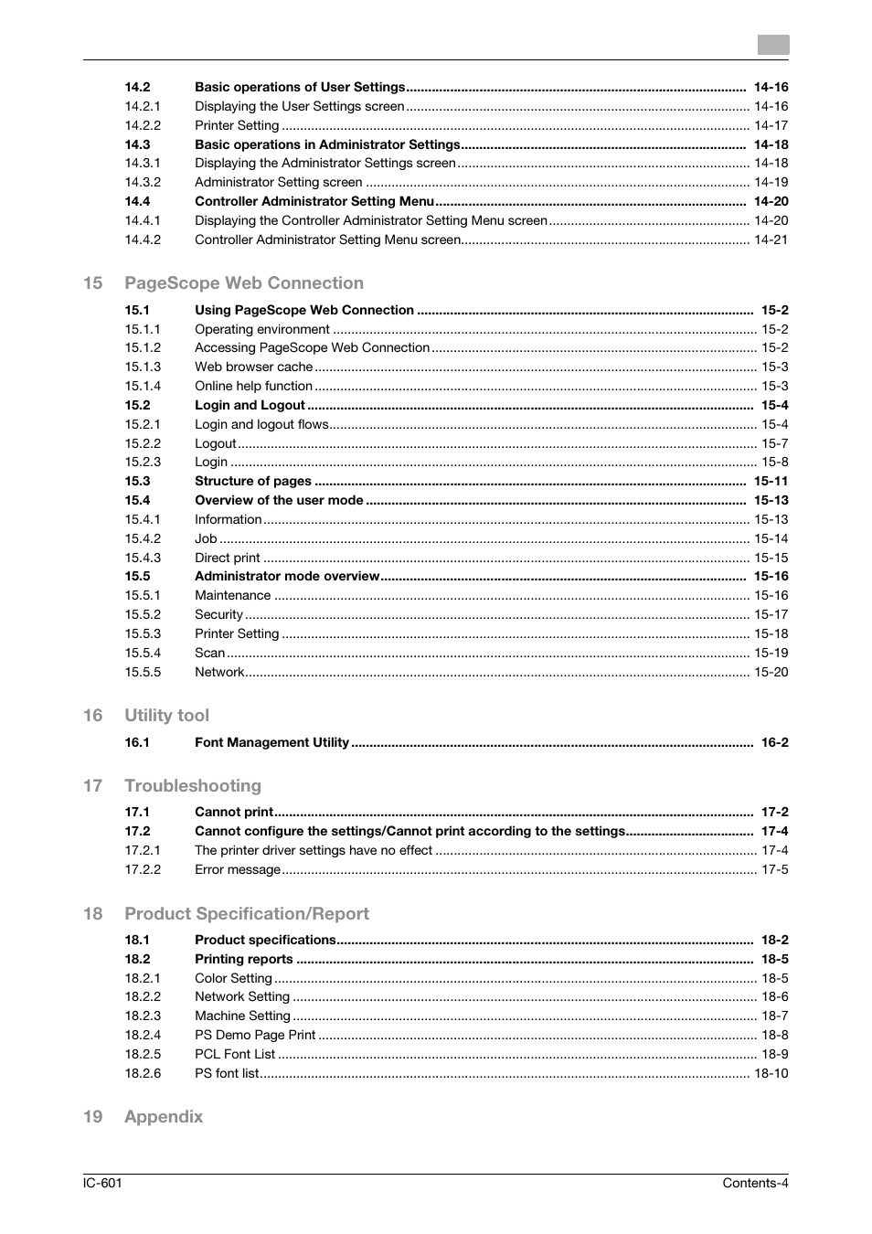 15 pagescope web connection, 16 utility tool, 17 troubleshooting | 18 product specification/report, 19 appendix | Konica Minolta bizhub PRESS C8000e User Manual | Page 5 / 255