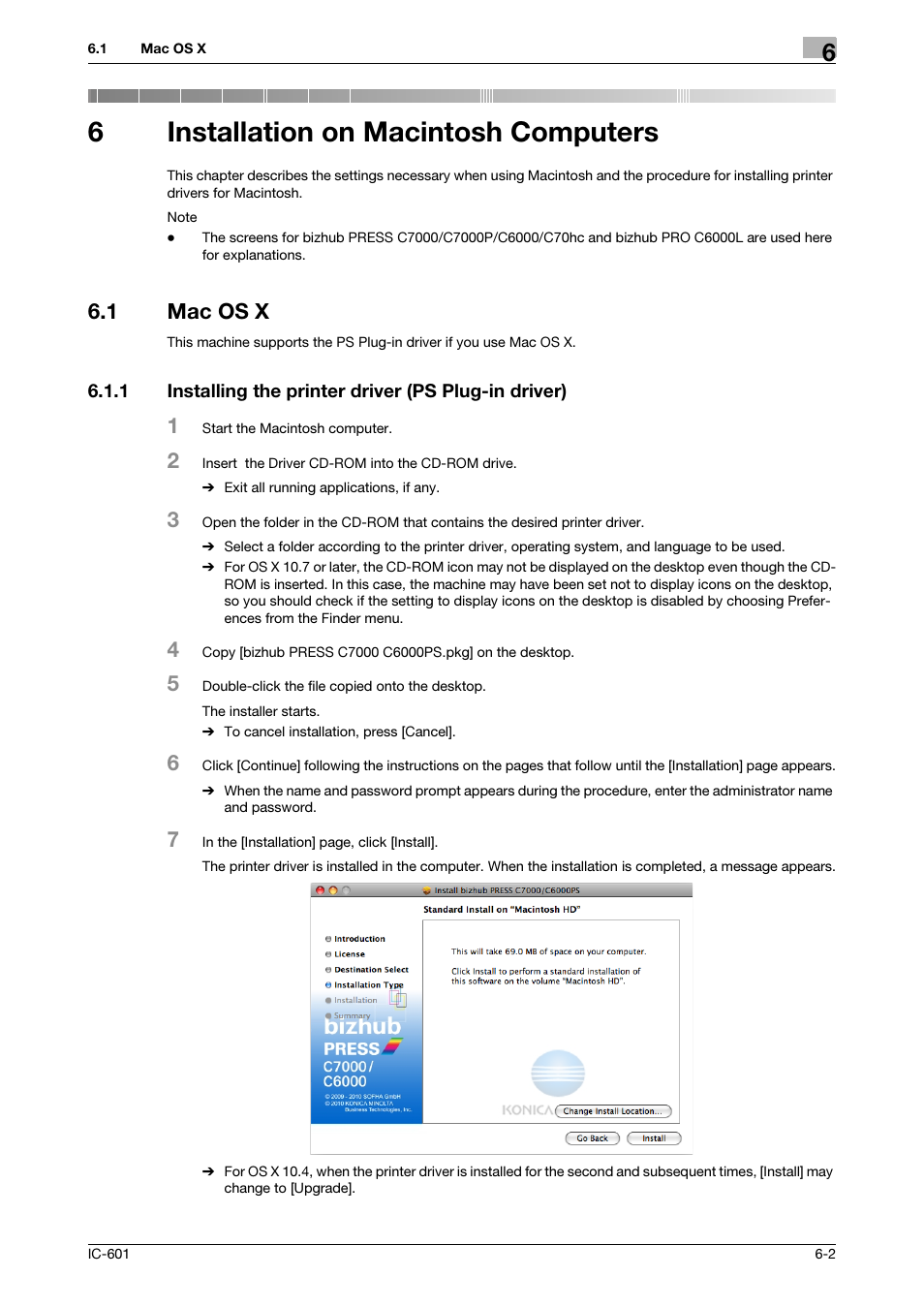 6 installation on macintosh computers, 1 mac os x, Installation on macintosh computers | Mac os x -2, 6installation on macintosh computers | Konica Minolta bizhub PRESS C8000e User Manual | Page 74 / 255
