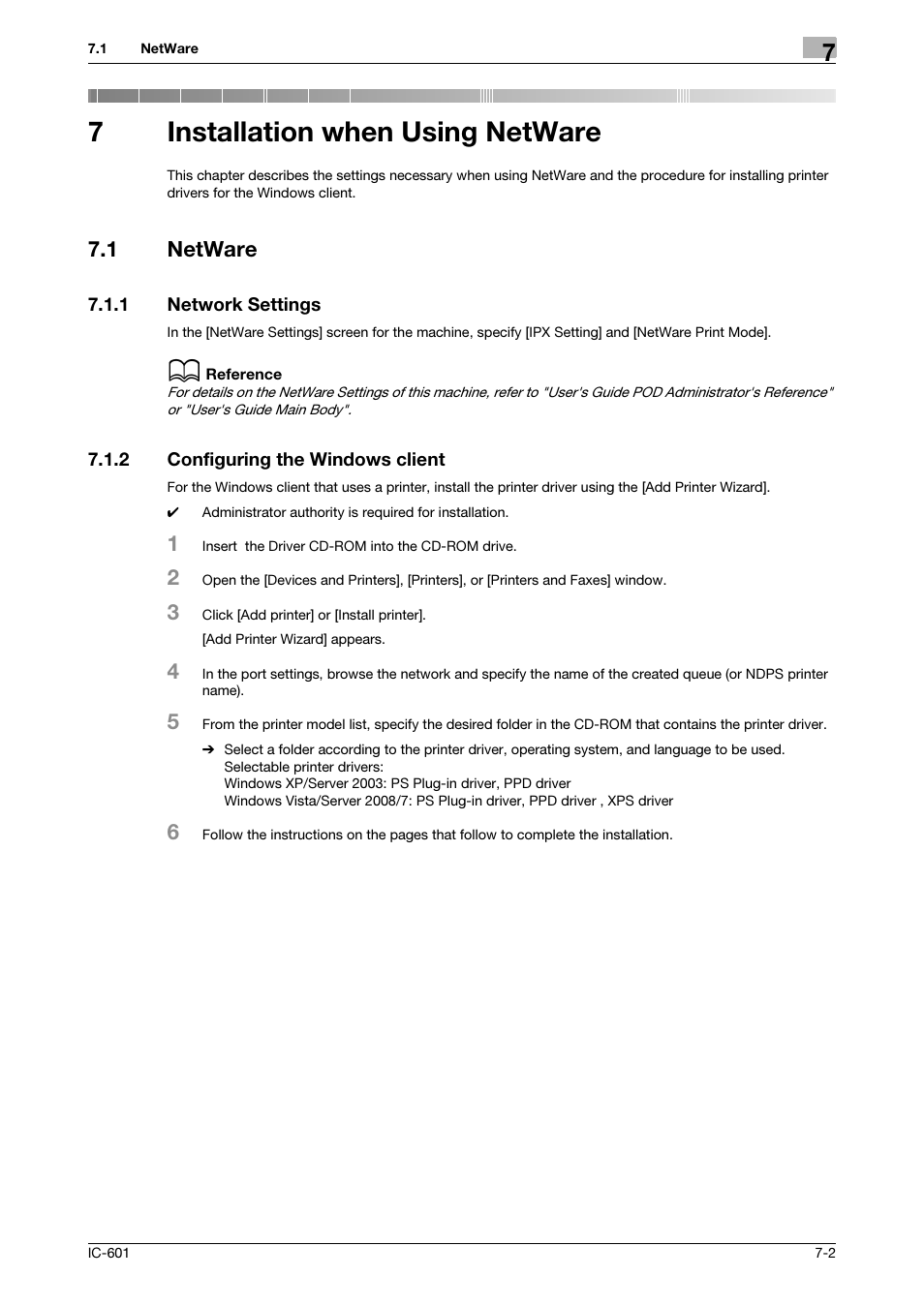 7 installation when using netware, 1 netware, 1 network settings | 2 configuring the windows client, Installation when using netware, Netware -2, Network settings -2, Configuring the windows client -2, 7installation when using netware | Konica Minolta bizhub PRESS C8000e User Manual | Page 84 / 255