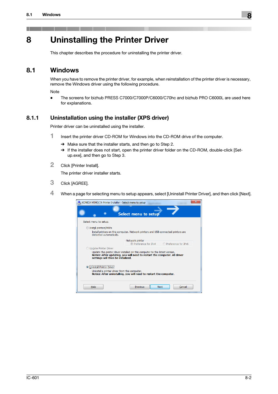 8 uninstalling the printer driver, 1 windows, 1 uninstallation using the installer (xps driver) | Uninstalling the printer driver, Windows -2, Uninstallation using the installer (xps driver) -2, 8uninstalling the printer driver | Konica Minolta bizhub PRESS C8000e User Manual | Page 86 / 255