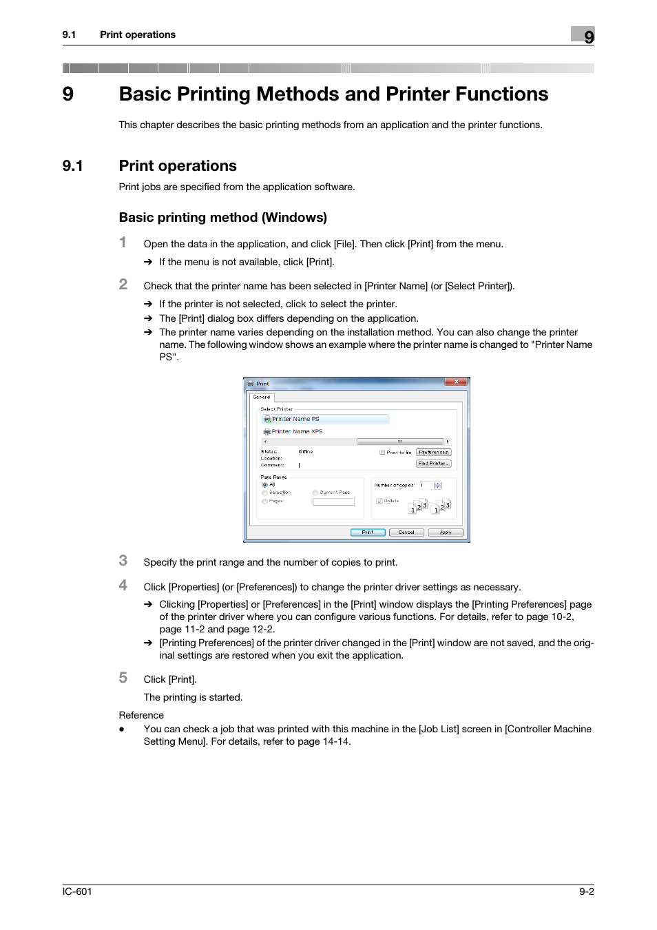 9 basic printing methods and printer functions, 1 print operations, Basic printing method (windows) | Basic printing methods and printer functions, Print operations -2, 9basic printing methods and printer functions | Konica Minolta bizhub PRESS C8000e User Manual | Page 92 / 255