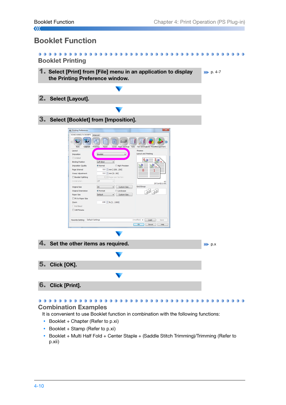 Booklet function, Booklet printing, Combination examples | Booklet function -10, Booklet printing -10 combination examples -10, Ic-601: refer to p. 4-10 | Konica Minolta bizhub PRESS C8000e User Manual | Page 104 / 204
