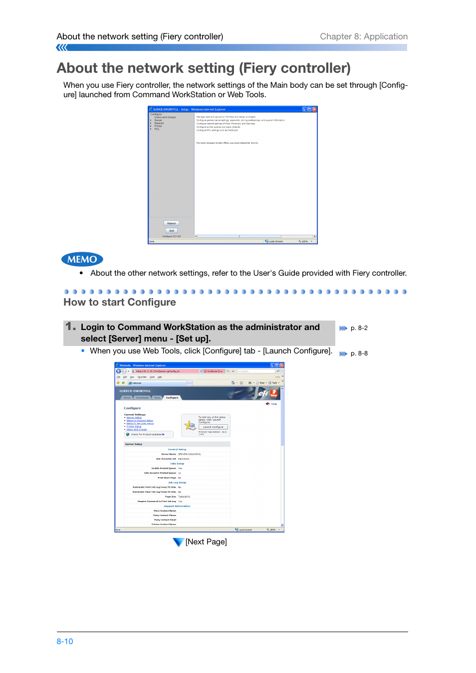 About the network setting (fiery controller), How to start configure, About the network setting (fiery controller) -10 | How to start configure -10, Fer to “chapter 8, P. 8-10 | Konica Minolta bizhub PRESS C8000e User Manual | Page 160 / 204