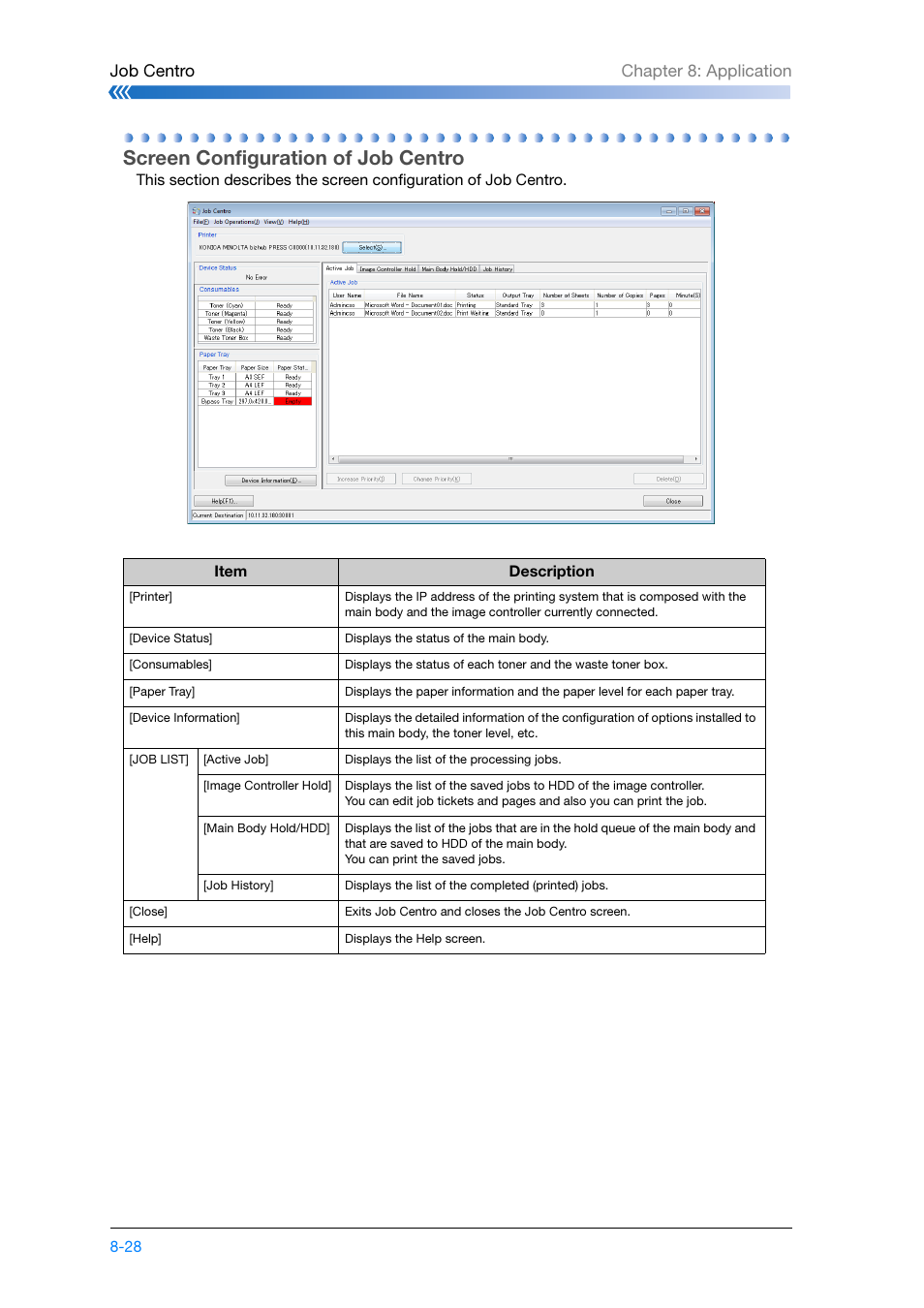 Screen configuration of job centro, Screen configuration of job centro -28, Job centro chapter 8: application | Konica Minolta bizhub PRESS C8000e User Manual | Page 178 / 204