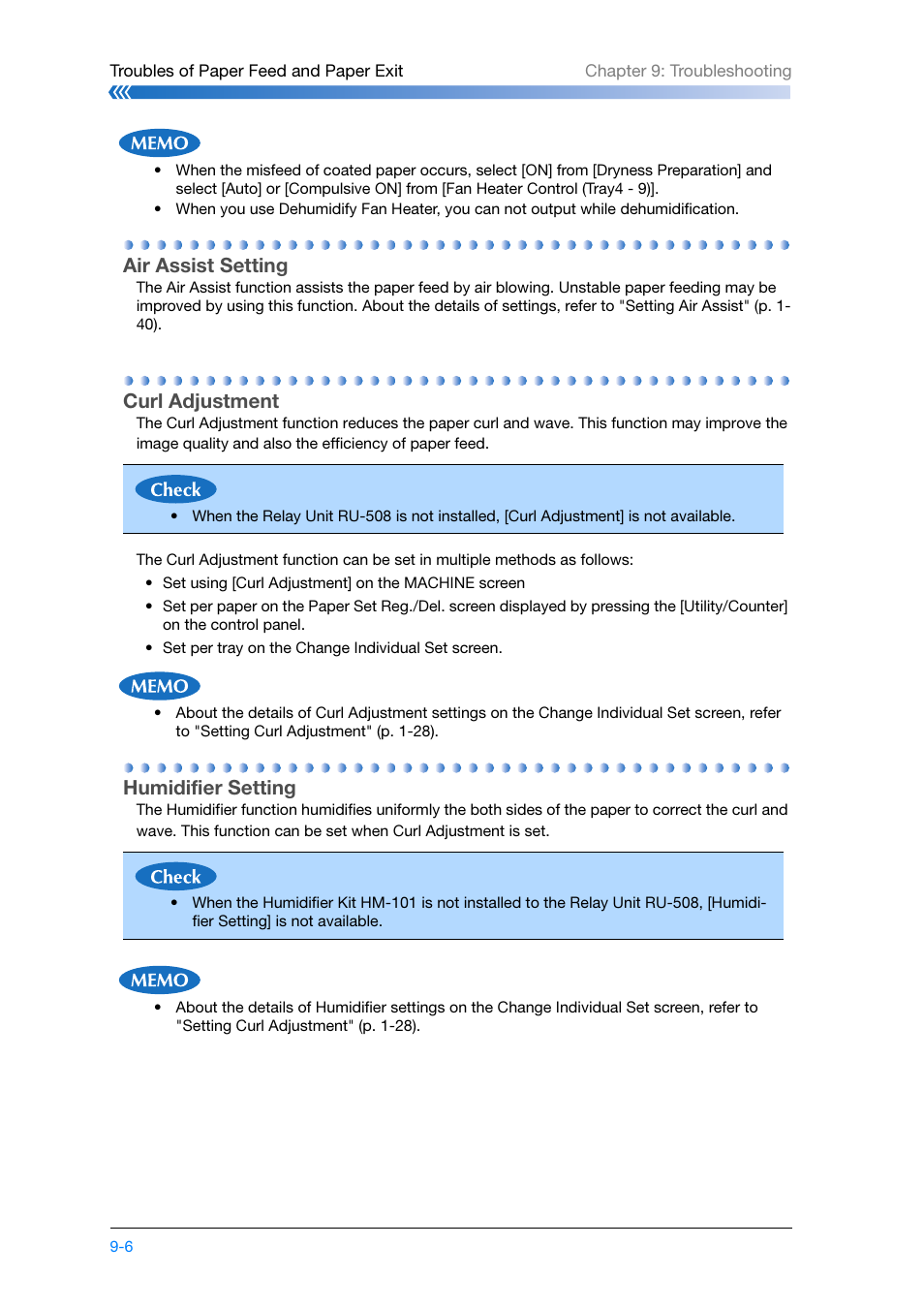 Air assist setting, Curl adjustment, Humidifier setting | Konica Minolta bizhub PRESS C8000e User Manual | Page 184 / 204