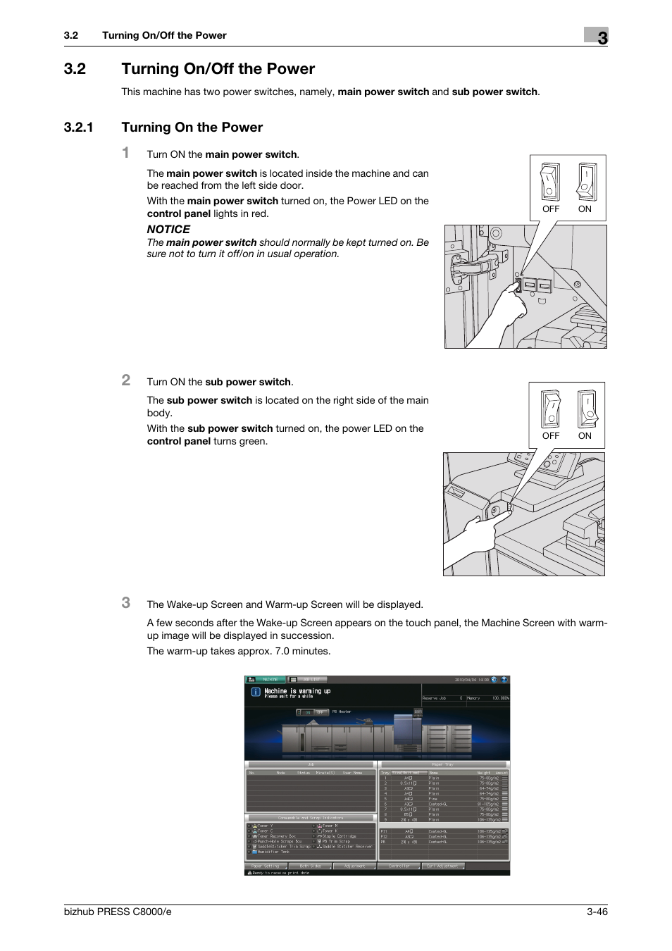 2 turning on/off the power, 1 turning on the power, Turning on/off the power -46 | Turning on the power -46 | Konica Minolta bizhub PRESS C8000e User Manual | Page 110 / 706