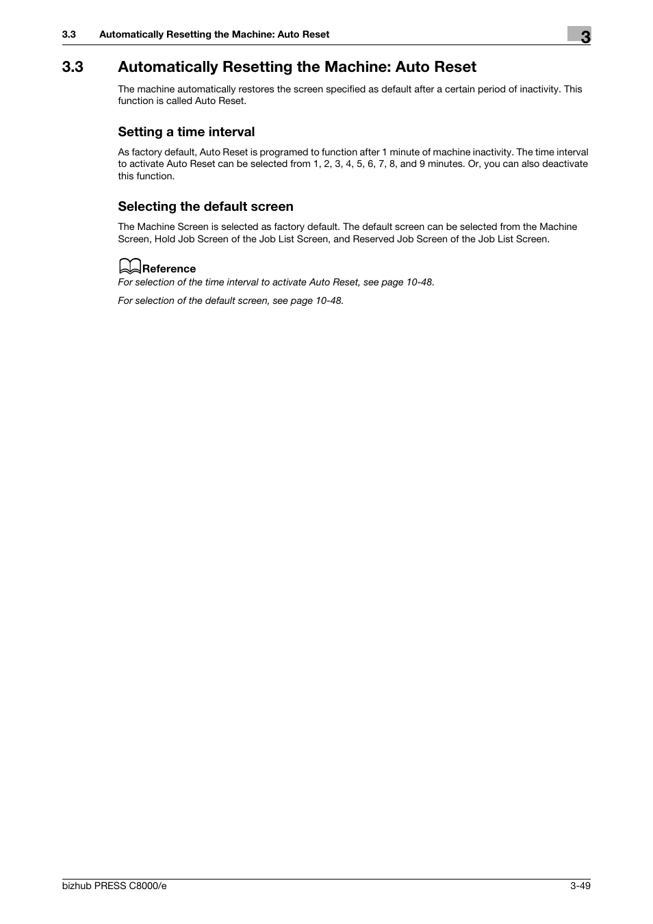 3 automatically resetting the machine: auto reset, Setting a time interval, Selecting the default screen | Konica Minolta bizhub PRESS C8000e User Manual | Page 113 / 706
